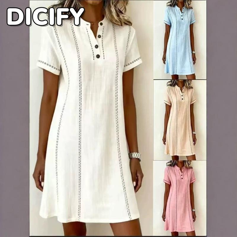 DICFY Women's Fashion Summer Spring Solid Color Print V-Neck Short Sleeve Casual Dresses