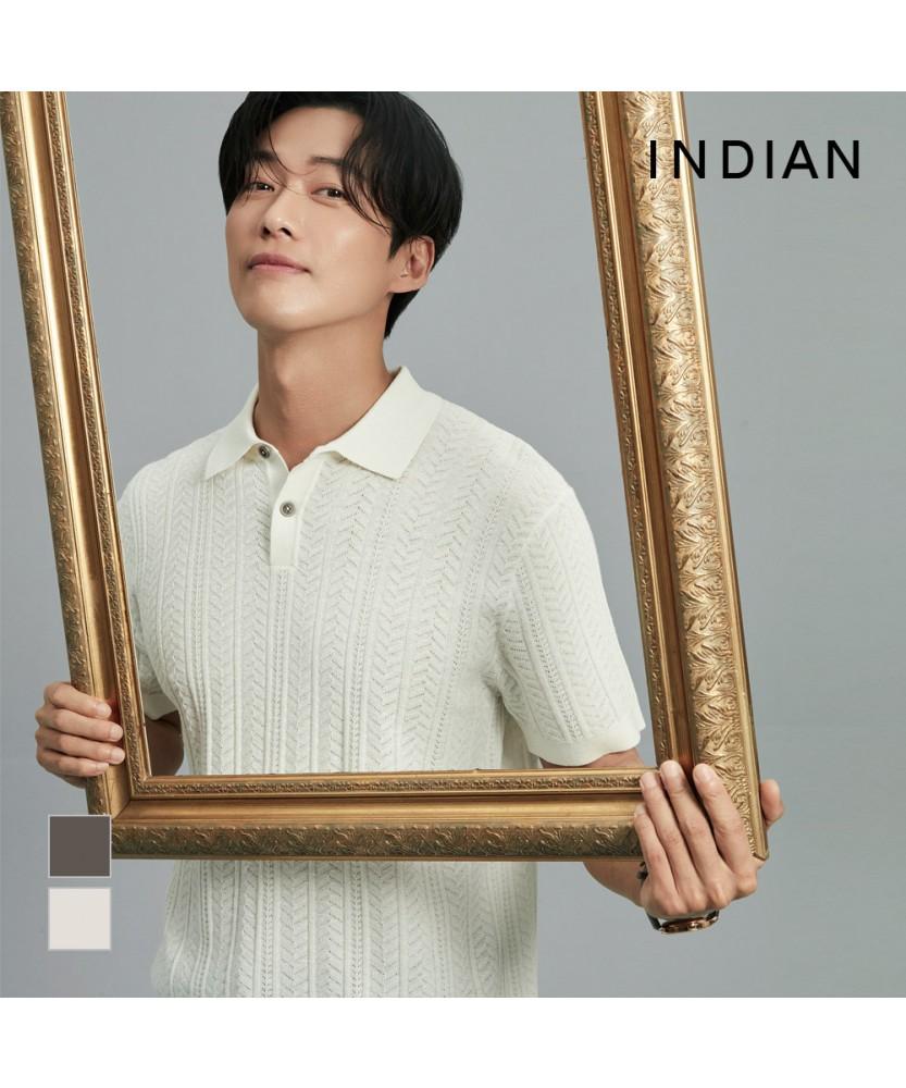 INDIAN Cable Solid Polo Collar Short Sleeve Knit_Miubs4M2391