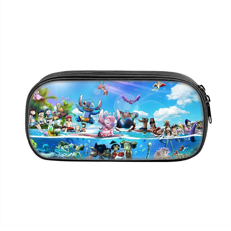 Stitch Pencil Case With Dual Zipper Polyester Storage For Kids And Students