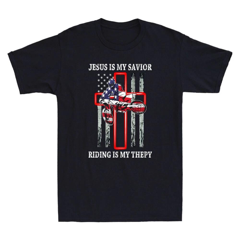 Jesus Is My Savior Riding Is My Therapy Motorcycle US Flag Vintage Men s T-Shirt XL