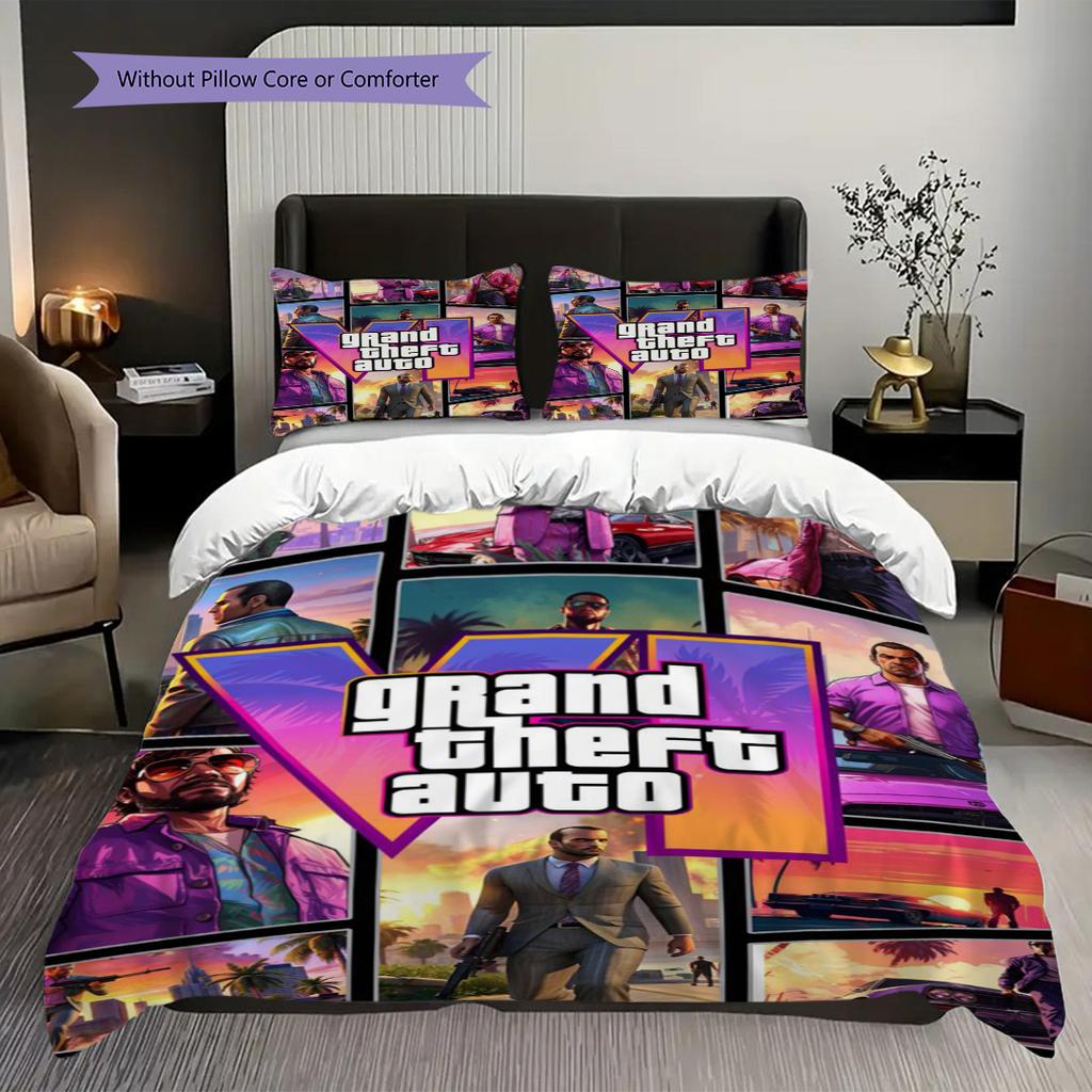 Vibes Vice City Crime Glamour Three-piece Set (1 * Duvet Cover + 2 * Pillowcase, Without Core) 2D Flat Bedding Set Soft and Comfortable