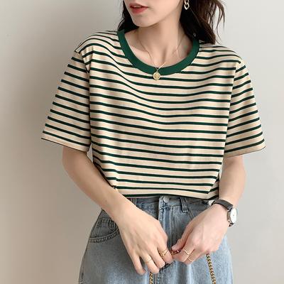 Tricou cu mâneci scurte cu dungi retro pentru femei Vara 2023 Stil nou Cusături contrastante Cusături Slăbire Top cu gât rotund