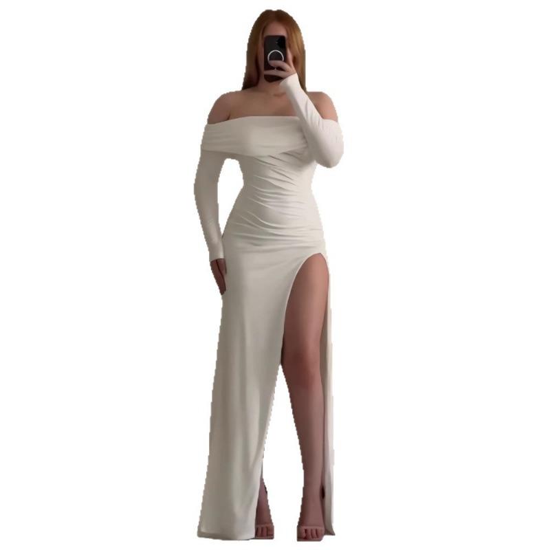 Off-Shoulder Women Sexy High Slit Evening Party Slim Dresses Elegant Fashion Gown Hot Girl Solid White Long Sleeve Bodycon Maxi Dress Female Clothes