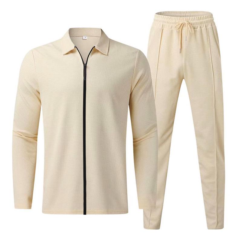 Autumn 2025 Men's Waffle Knit Long Sleeve Zip Cardigan & Turn-Down Collar Casual Sports Set