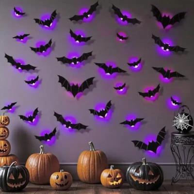 3D Halloween Spider Bat LED Flashing Wall Decal Spooky Party Window Decoration Haunted Home Atmosphere Lighting Ornament