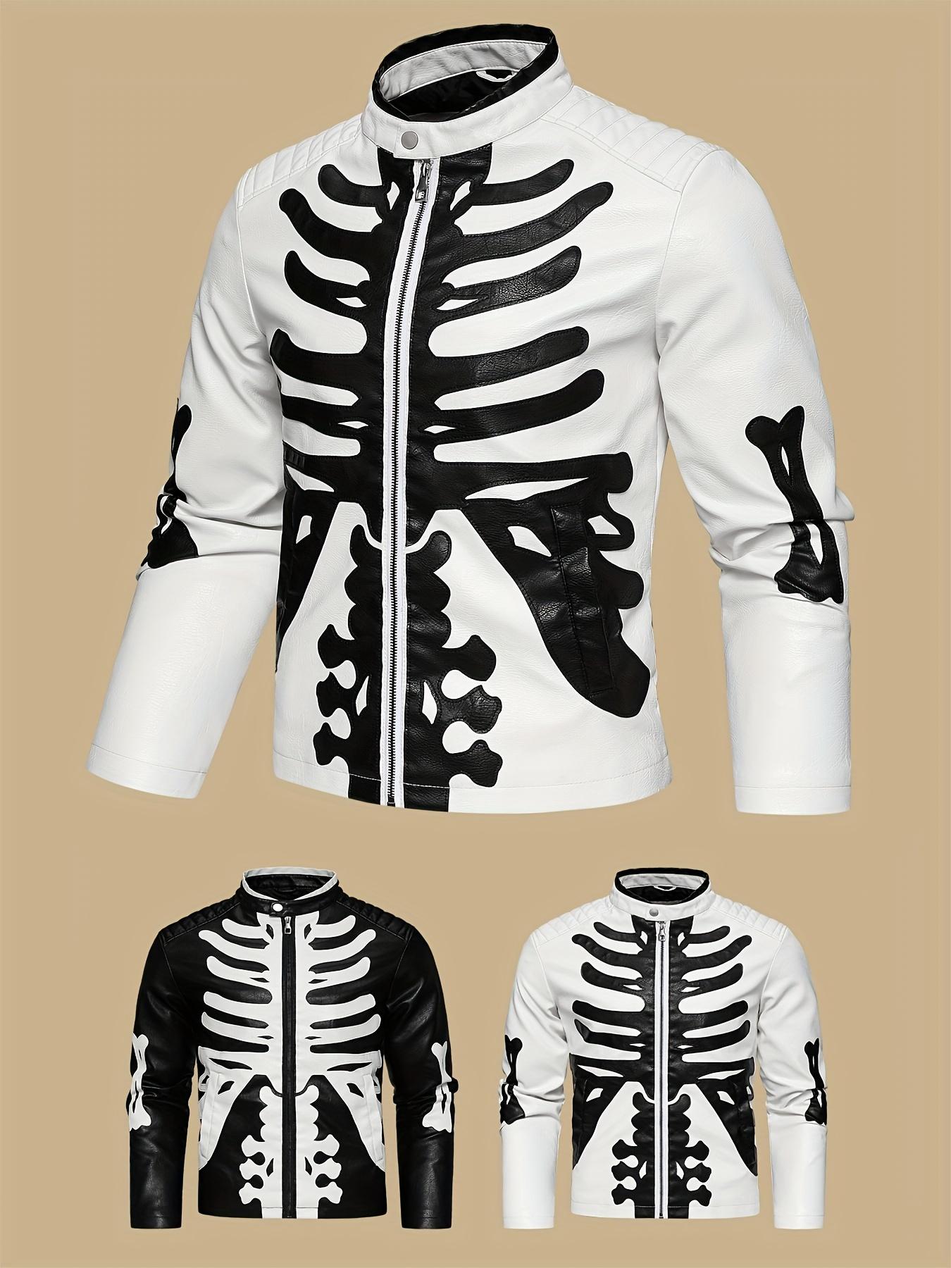 

Мужская куртка из искусственной кожи с узором «скелетные ребра» — уличный стиль, тонкая, легкая, классическая куртка-бомбер в стиле ретро, подходит для повседневной носки и уличной моды XS