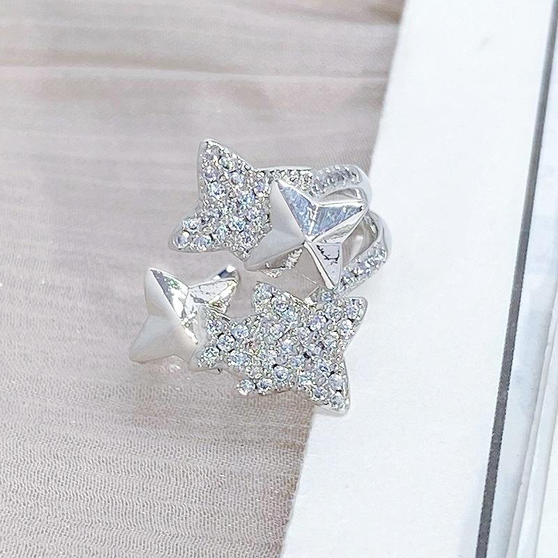 Quadrangram Star Sparkling Diamond Zir*****Pen Ring Personality Sweet Cool Star Niche Ring Woman