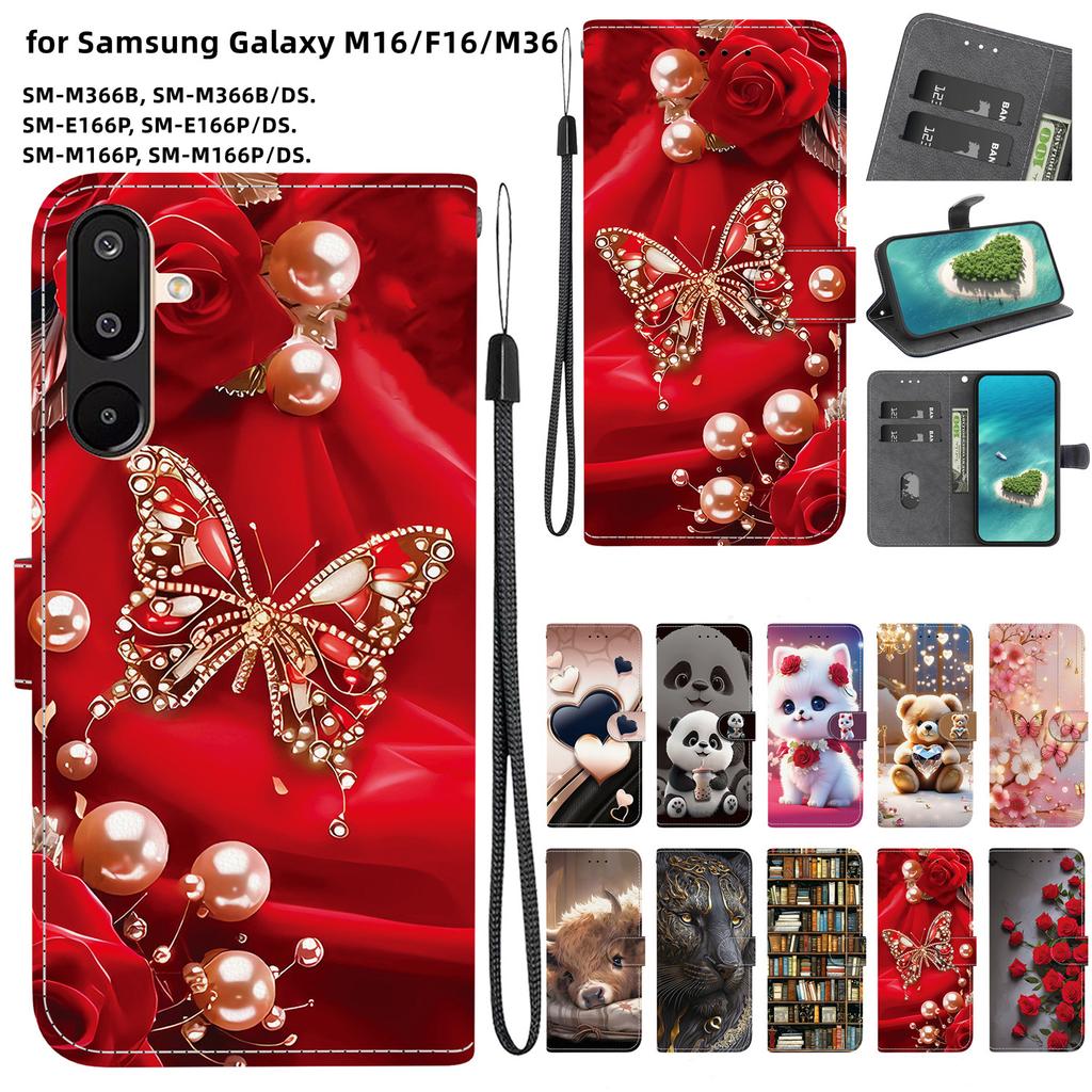 Handmade PU Leather Flip Case for Samsung Galaxy M16/F16/M36 (M166P/E166P/M366B)- Anti-Slip Shockproof Cover with Wrist Strap & Heart/Rose Cat Designs