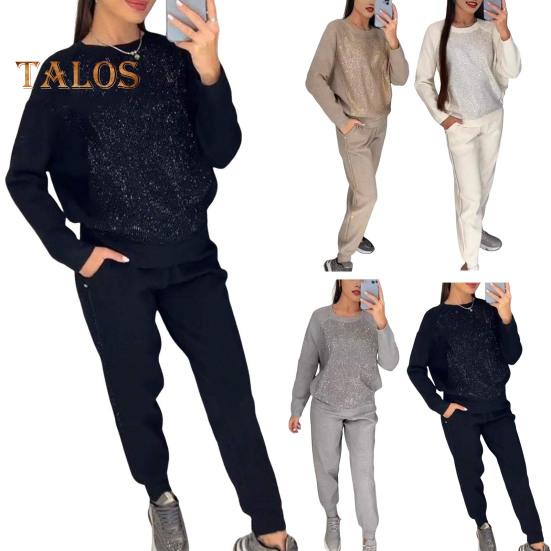 2 Teile/satz Frauen Top Hosen Anzug Strass Dekor O Hals Langen Ärmeln Patchwork Sport Sweatshirt Elastische Taille Hose Fitness Outfit Herbst frühling
