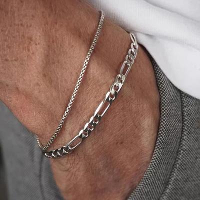 2 Pcs Men's Stainless Steel Chain Bracelet Set Simple Silver Color Metal Casual Bracelet