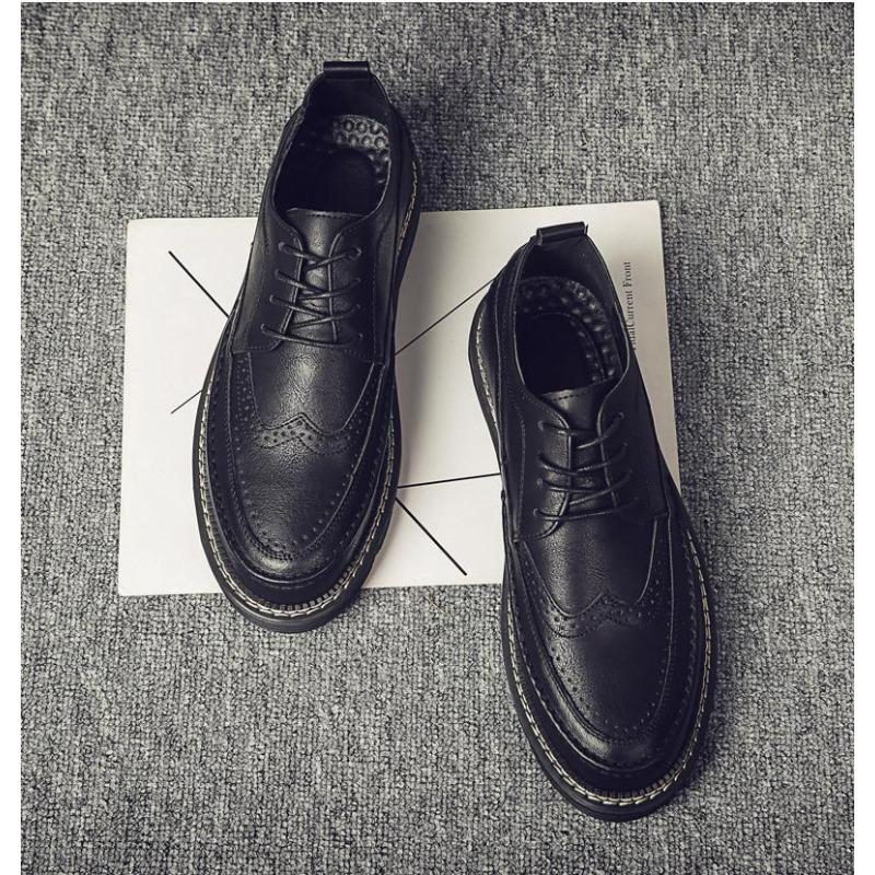 100% Genuine Leather Shoes Fashion Brogues Flat Thick Sole Male Footwear Pure Black Casual Mens Shoes