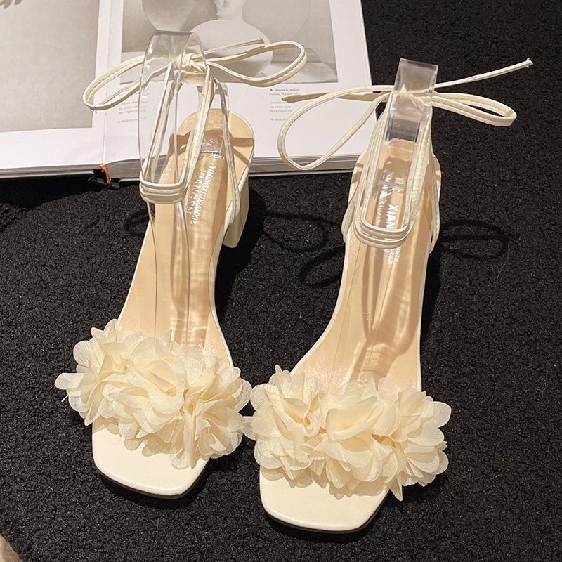 

Босоножки на высоком каблуке, женские летние новые модели премиум-класса с мелким цветочным принтом, на среднем толстом каблуке, с ремешками 40