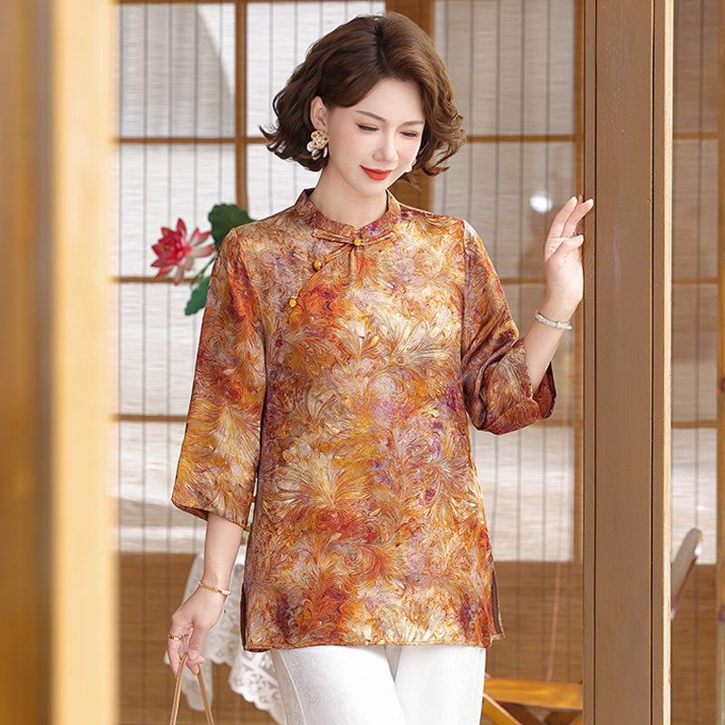 

Elegant Chiffon Short-Sleeve T-Shirt for Petite, Middle-Aged, and Elderly Women - New Chinese Style XL [80-95 kg] помаранчевий