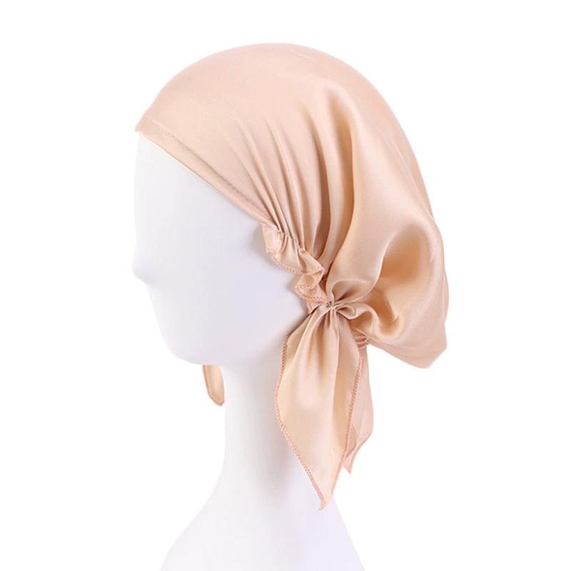 1Pc Women's Comfortable Headscarf Turban Head Cover Solid Color Hair Care Bonnet Hat Night Sleep Cap Imitated Silk