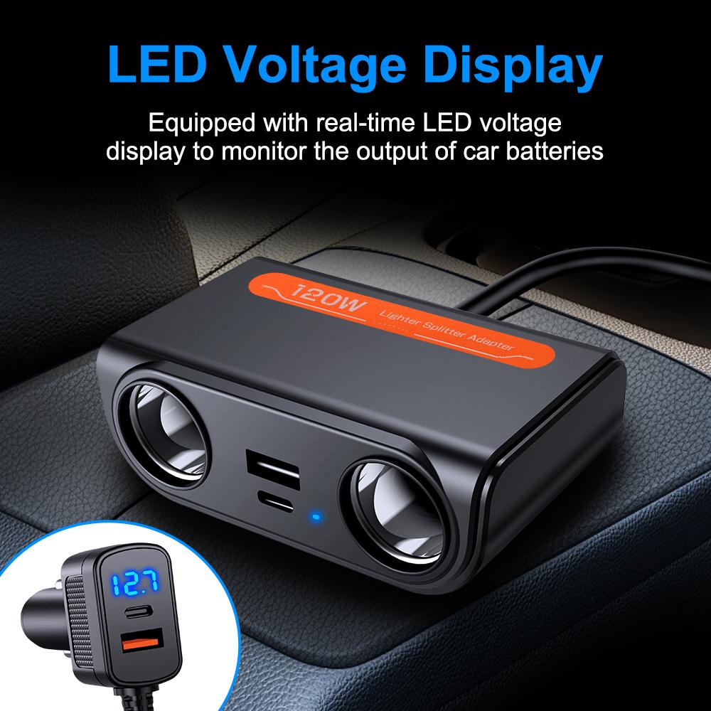 120W Car Cigarette Lighter Adapter PD QC USB Fast Charge Plug Splitter Ports Socket LED Voltmeter Electric Auto Accessories