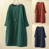 Women Solid Color Long Sleeve O Neck Corduroy Pockets Plus Size Loose Midi Dress