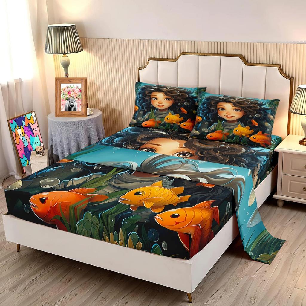 Cute cartoon cat family pattern mattress four-piece bedding set bedroom dormitory bedding set