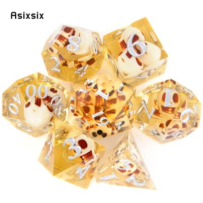 7 Pcs Yellow Skull Resin White Number Sharp Edge Dice Polyhedral Dice Suitable for Role-Playing RPG  Board Game Card Game