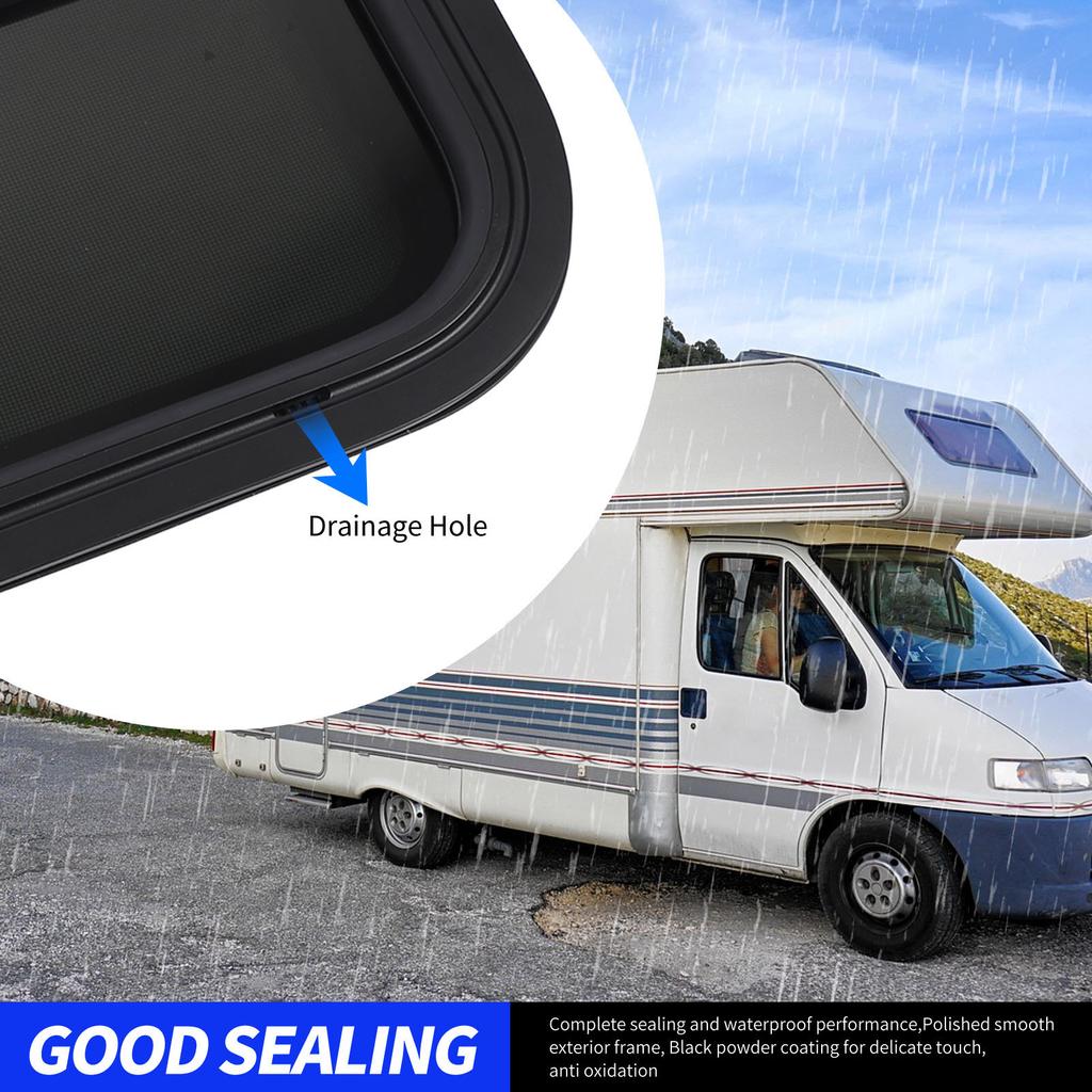 RV Window Trailer Window Waterproof Sealed Tinted Tempered Glass Pull Opening Rounded Corner with Clamp Ring for Camper Vehicle