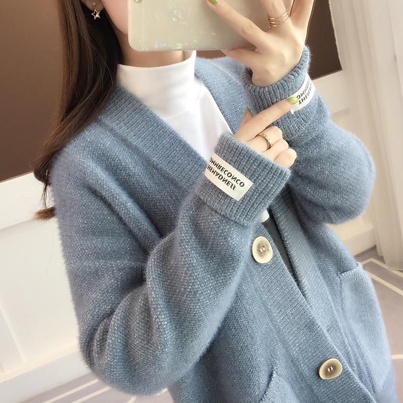 Suéter Cardigan Tricotado para Mulheres Outono Cor Sólida Solto Tamanho Grande Médio Longo