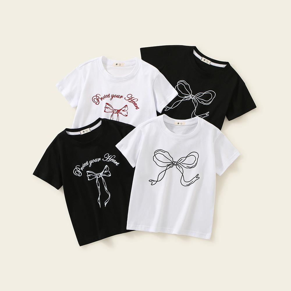

Летняя одежда для девочек, футболка, черная одежда для сестер, хлопковый детский топ с короткими рукавами и бантом с принтом