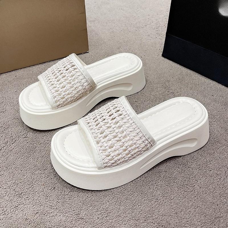 Fashion Platform Platform Slippers Women's Fashion Round Toe Open Toe Woven Strap Anti-slip Wear-resistant Kitten Heel Shoes