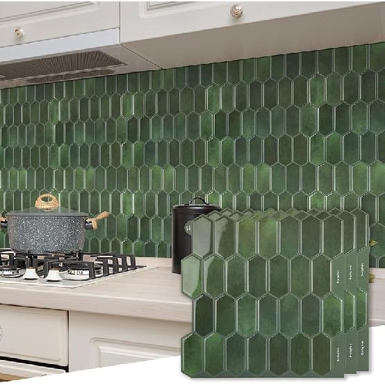 Long Hexagon Peel and Stick Tiles Backsplash,10-Sheet 3D Self Adhesive Wall Tile BackSplash 12 x 12 Inch for Kitchen,Bathroom(Green).