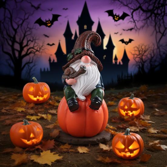 Halloween Gnome Decoration Pumpkin Couple Resin Figurine Fairy Tale Themed Gnome Sculpture Indoor Outdoor Table Desk Home Decor