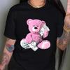 Bear Print Crew Neck T-Shirt Casual Short Sleeve Top for Spring & Summer Women's Clothing Pink Teddy Bear Cute Print Tee Tops