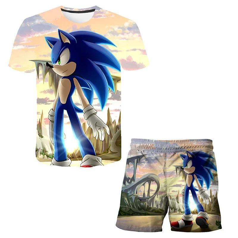 2025 MINISO New boys and girls super sonic Tshirts+shorts  Harajuku Sonic print suit T-shirt + shorts fashion street style children's short sleeves