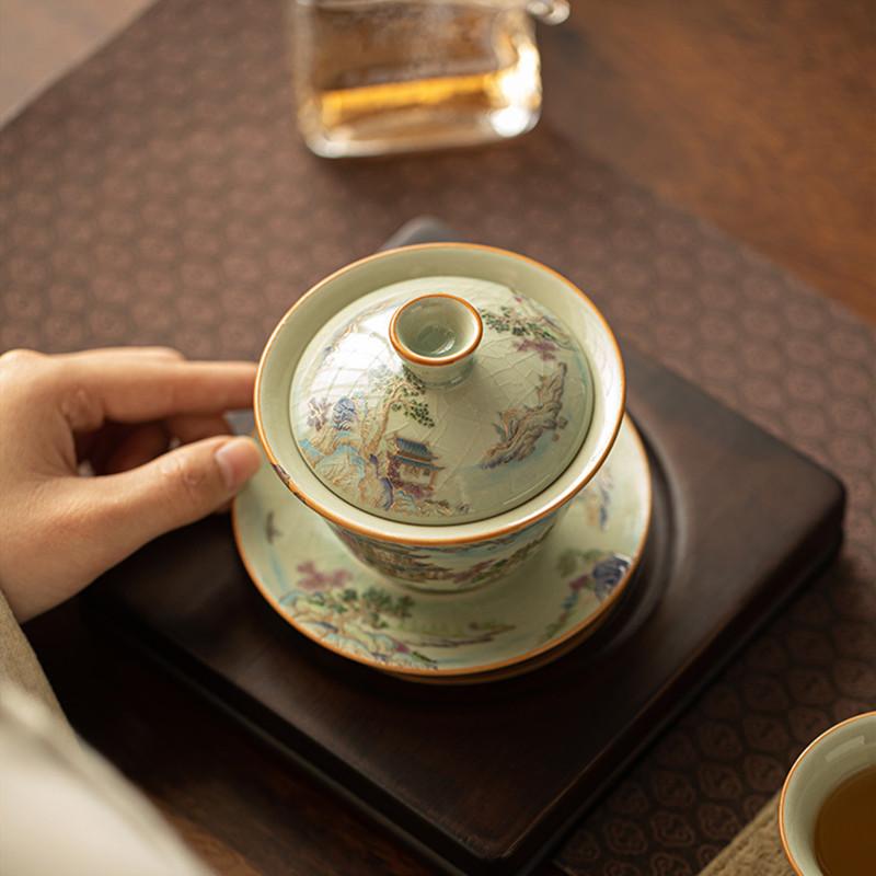 Chinese Ru Kiln Ceramic Gaiwan Teapot Handmade Landscape Tea Tureen Household Tea Bowl Kettle Travel Portable Teaware Tea Set