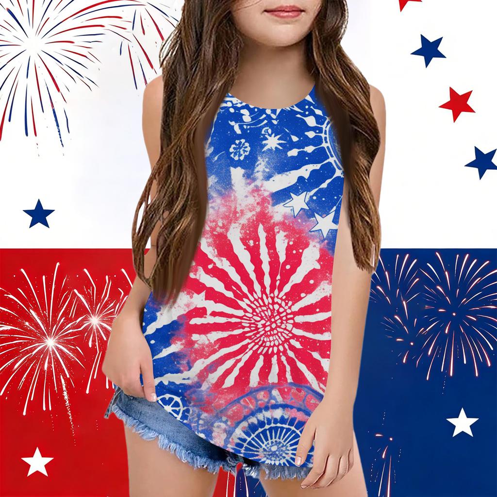 Girls  Kids Summer Crewneck Sleeveless Shirts Tank Tops Independence Day