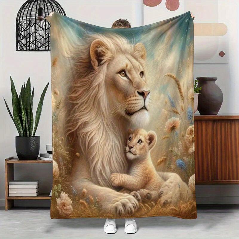 1pc Lion Mom & Cub Blanket - Soft Plush Flannel Throw Suitable for All Seasons, Lightweight Bedspread with Lioness and Cub, Cozy Gift for, Bed, Sofa,