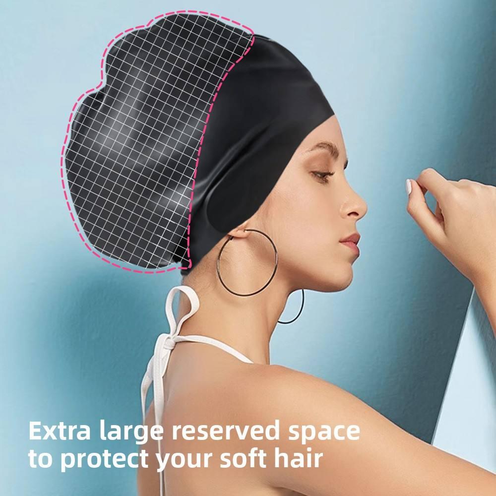 Oversized Black Silicone Waterproof Swim Cap with Long Hair Braid, Wild Hair Bun, Hair Care Cap, Blue, White, Universal