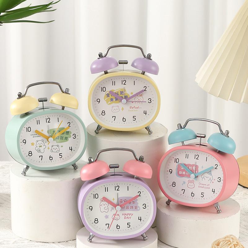 High-value macaron candy color cartoon children's ringing alarm clock sweep seconds silent night light clock watch