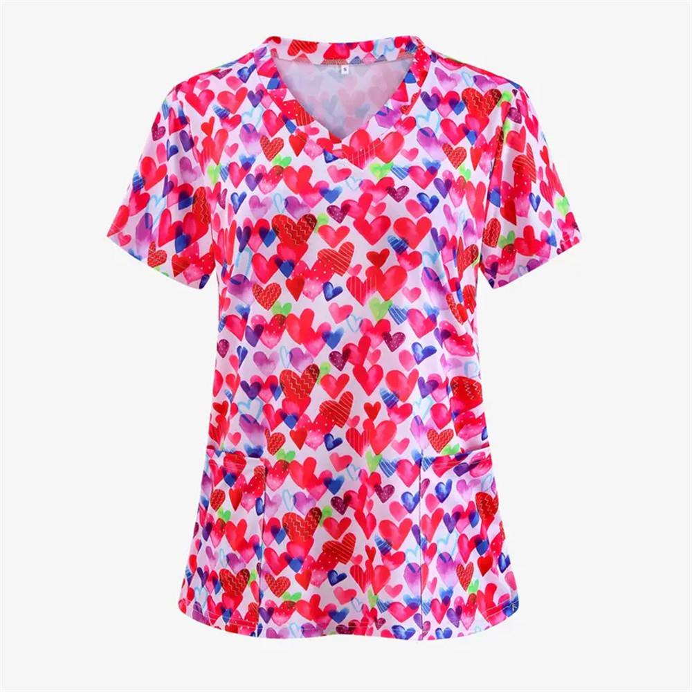 Women's T-shirt V-neck Nurse Uniform Casual Short Sleeved Women's Printed Heart T-shirt