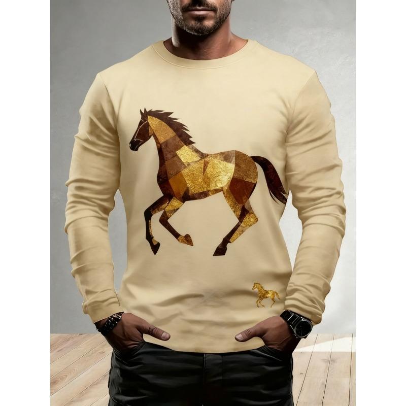 Men's T-Shirt Running Horse Graphic 3D Print Fashion Long Sleeve Crew Neck Tee Shirt Casual Summer Personality Men's Top