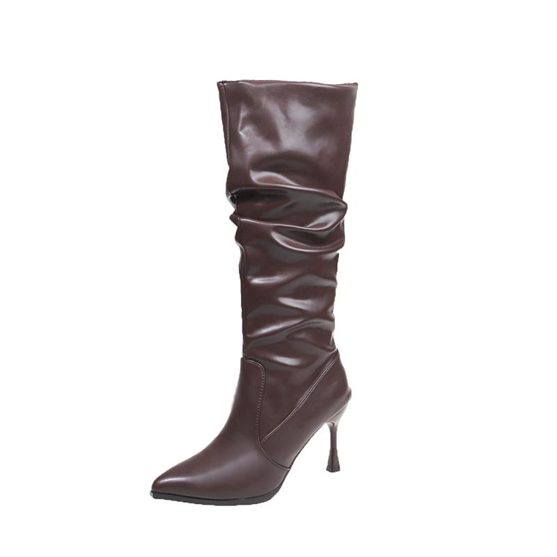 

Плиссированные сапоги до колена, современные зимние сапоги на тонком каблуке 2025 года, горячая распродажа обуви, женские сапоги с острым носком и высоким каблуком, сплошная молния, сексуальные женские сапоги 40 темно-коричневого