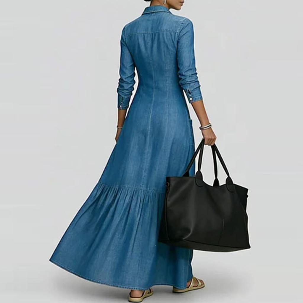 Women Vintage Denim Maxi Dress Long Sleeve Button Front Shirt Dress Casual Loose Fit Long Skirt with Pockets