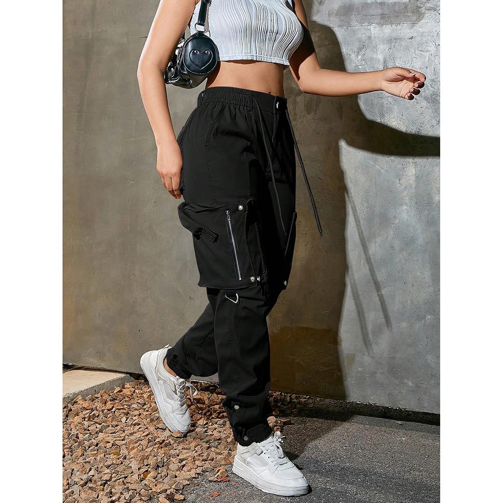 Pantalon Cargo Kaki Taille Haute pour Femme avec Cordon de Serrage et Multiples Poches