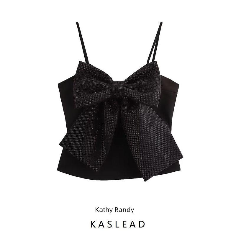 Kaslead New Arrival Women's Fashion Style Stylish Simple and Versatile Rhinestone Bowknot Decoration Sling Tops
