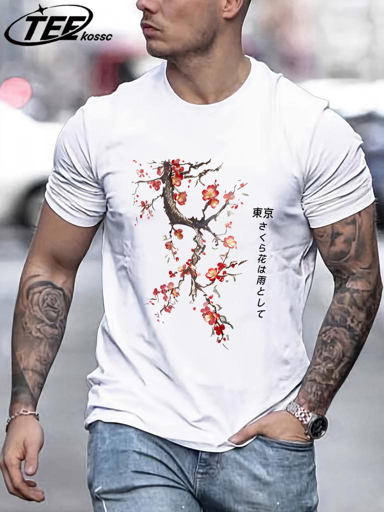 Cherry Blossoms And Rain In Tokyo Mens T Shirts Hip Hop AllMatch Tops Casual Cotton Retro Clothes Male Loose ONeck Streetwear