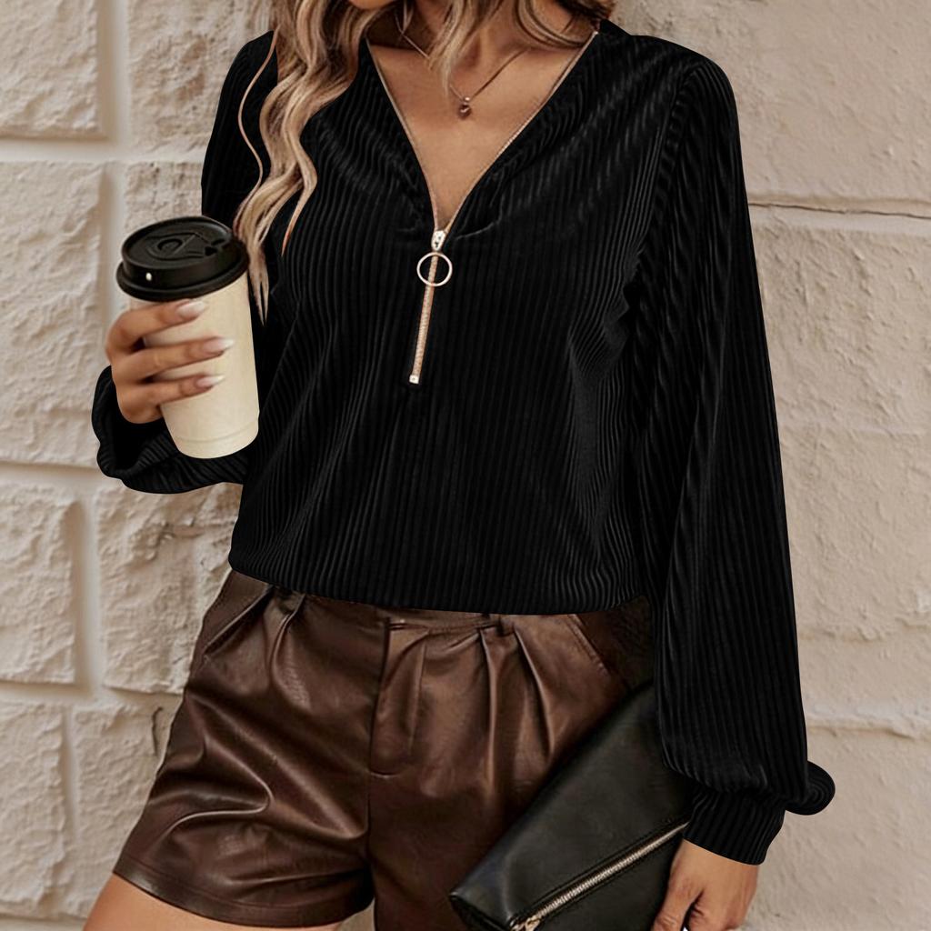 Women's Fashion Velvet Zipper Oversized Casual Long-Sleeve Top