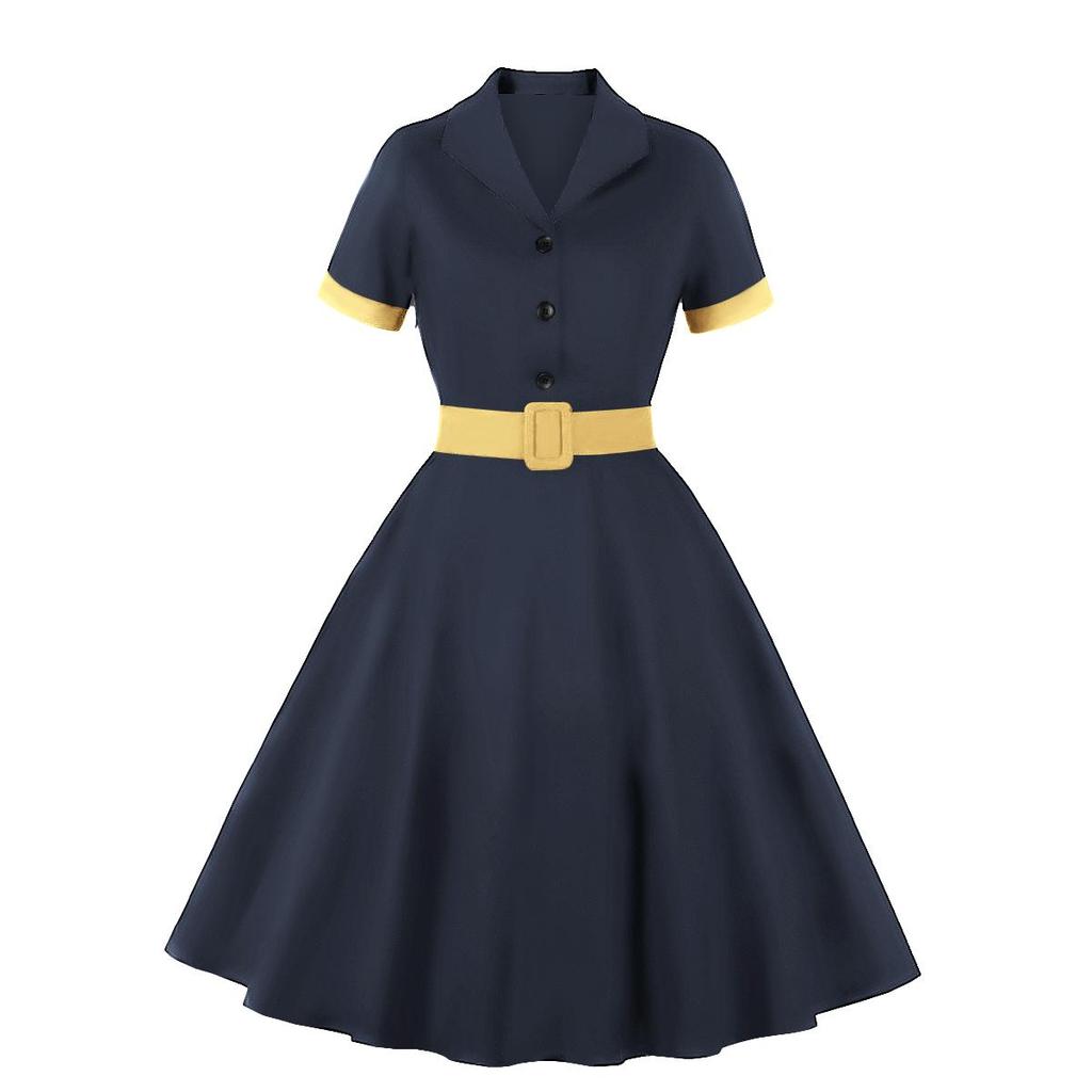Damen 50er-Jahre-Retro-Swing-Kariertes Kleid mit Gürtel, Reverskragen, kurzen Ärmeln, Midi-Kleider für Brautjungfer, Party, Abend, Cocktail, Promi-Anlass, Outfit