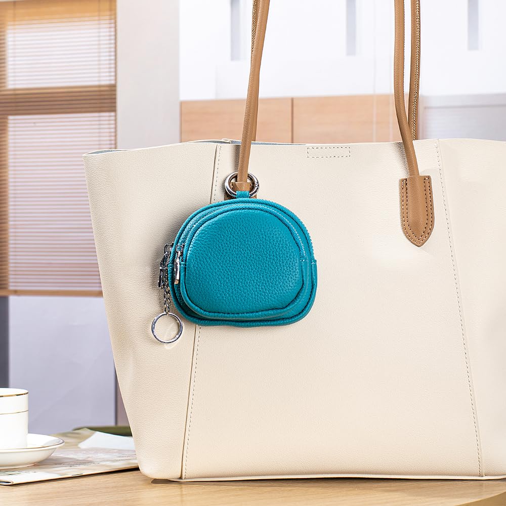 Yocipa Genuine Leather Mini Coin Case for Women, with Keychain and Coin Purse, Lightweight and Cute, Leather Pouch (Blue)