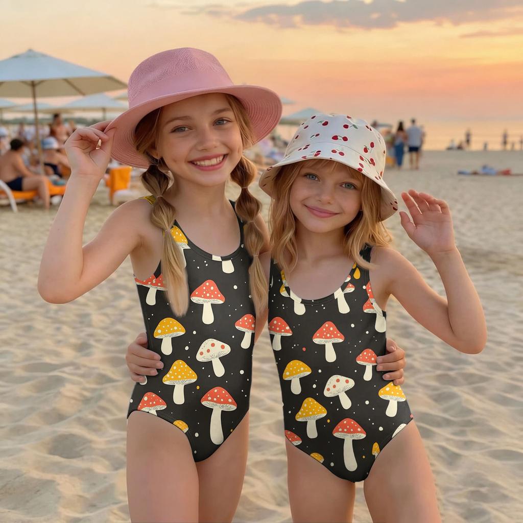Maiô Infantil de Peça Única Verão Moda Casual Sem Mangas com Estampa de Cogumelos Adequado para Praia Piscina Atividades Aquáticas