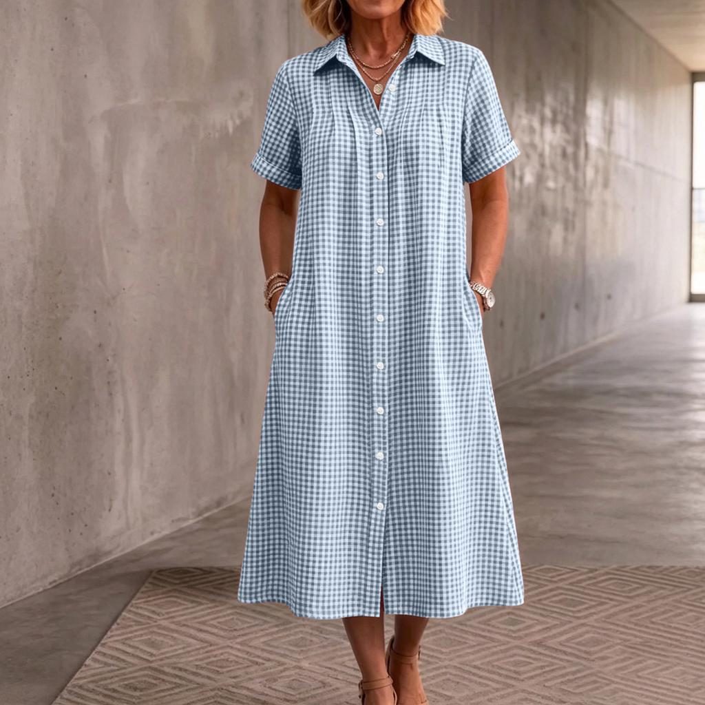 Women Plaid Short Sleeve Shirt Dress Button Down Collared Midi Dress with Pockets Casual Loose Fit Summer Dress