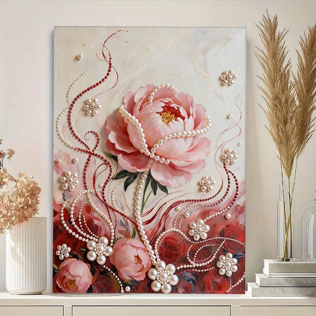 Crystal Pearl Painting 5D DIY Frame Decoration Painting Red Flower Home Wall Decoration Transparent Pearl Gemstone Painting Picture Art Crafts
