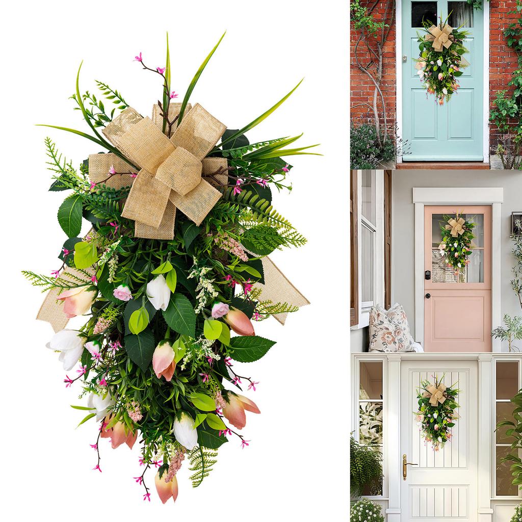 Spring Wreath Artificial Flower Wreath with Bowknot for Front Door Garden Window Outdoor Wedding Decorations