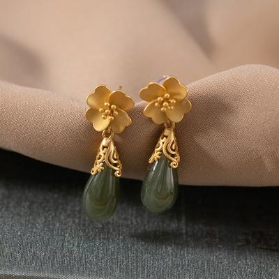 Original New Ancient Gold Craftsmanship Inlaid Orchid Natural Hetian Jade Earrings Chinese Style Elegant Ladies Jewelry